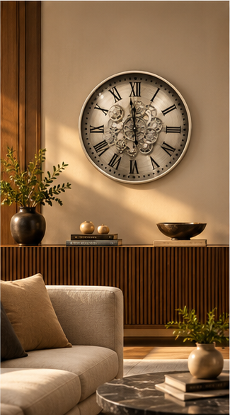 Silver steampunk gear wall clock in brushed pewter with exposed cogs, 50 cm - styled beside a sideboard