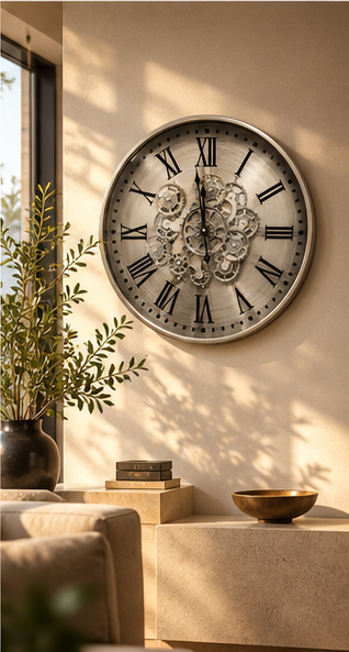 Silver steampunk gear wall clock in brushed pewter with exposed cogs, 50 cm - in daylight in a living room