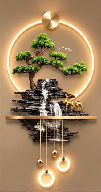 Bonsai and slate cascade LED wall art with gold deer, brass shelf and hanging LED rings, 24 x 52 inch