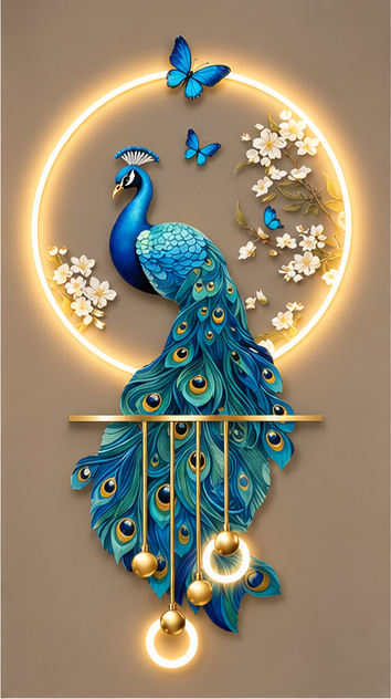 Teal and turquoise peacock LED wall art with white blossoms and butterflies, 24 x 52 inch