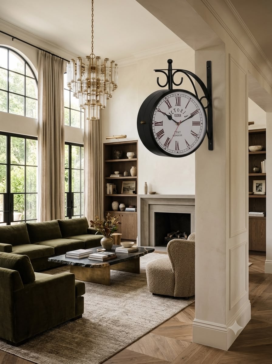 Victoria Station double-sided wall clock with a 9 inch Roman numeral dial on a black scrolled bracket