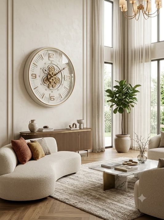 Vintage gear wall clock in cream and gold with exposed moving gears, 50 cm