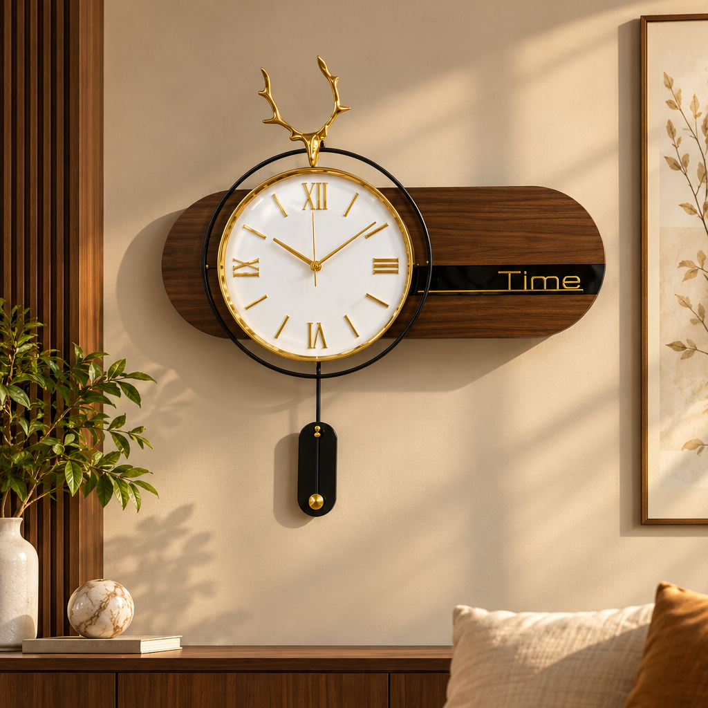 Walnut and gold antler pendulum wall clock with a white Roman dial and black pendulum, 32 x 80 cm