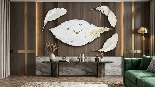 White feather and leaf wall clock set of four, 12 x 24 inch leaf dial with three feathers