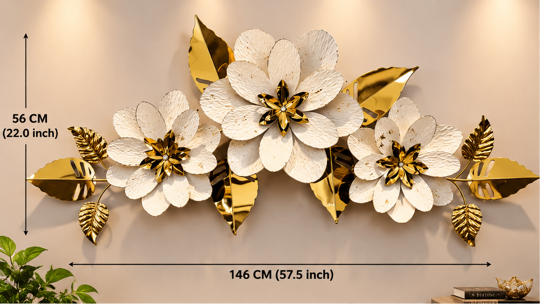 White and gold layered floral metal wall art, 146 x 56 cm