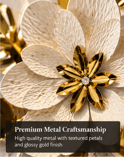 White and gold layered floral metal wall art, 146 x 56 cm - detail view 1