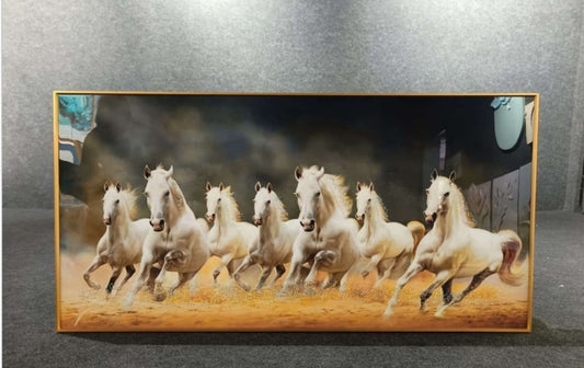 Seven white horses on sand crystal glass wall art