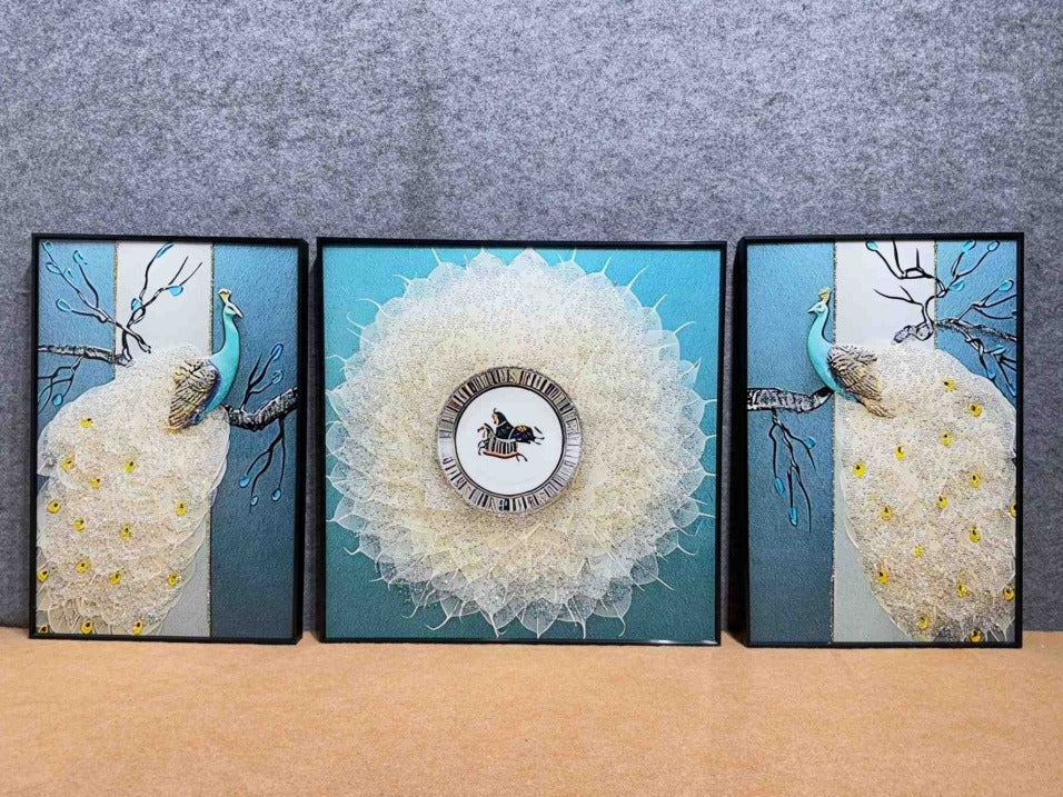 White peacock crystal glass wall art set of 3