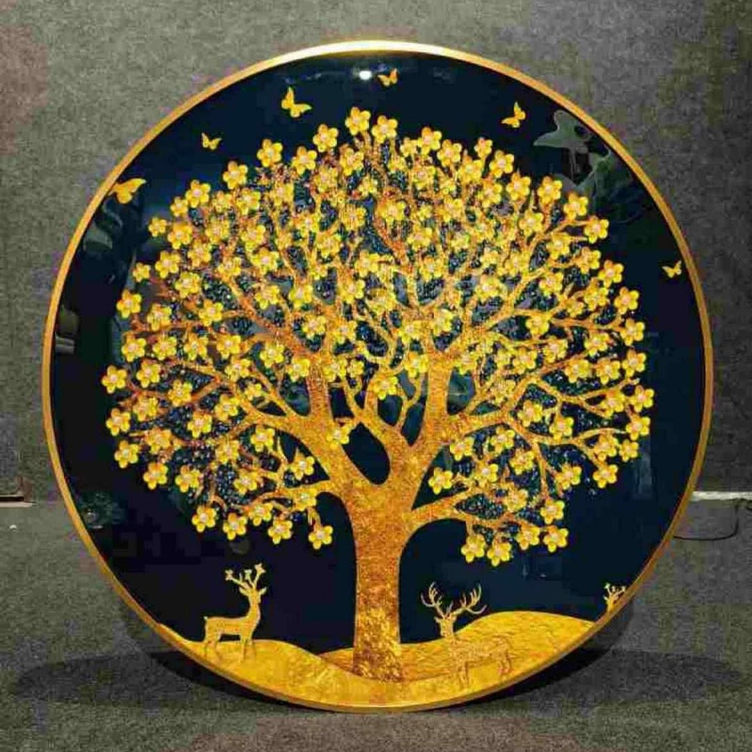 Golden tree and deer round crystal glass wall art