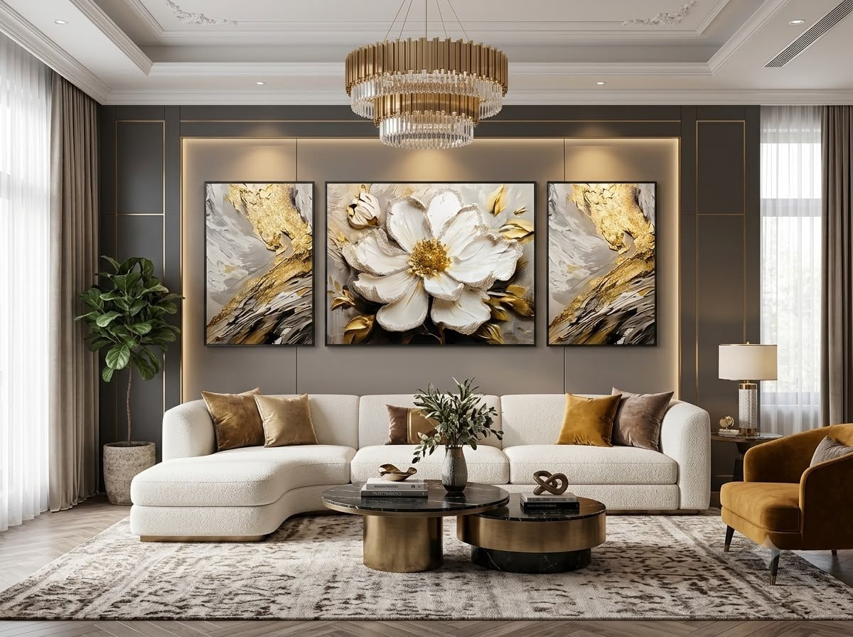White blossom crystal glass wall art set of 3