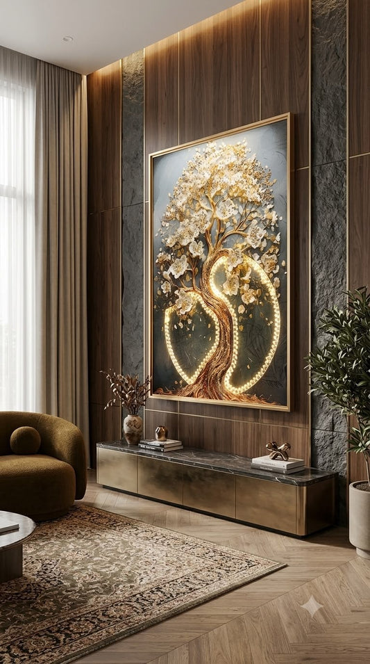 Gilded tree of life LED crystal glass wall art