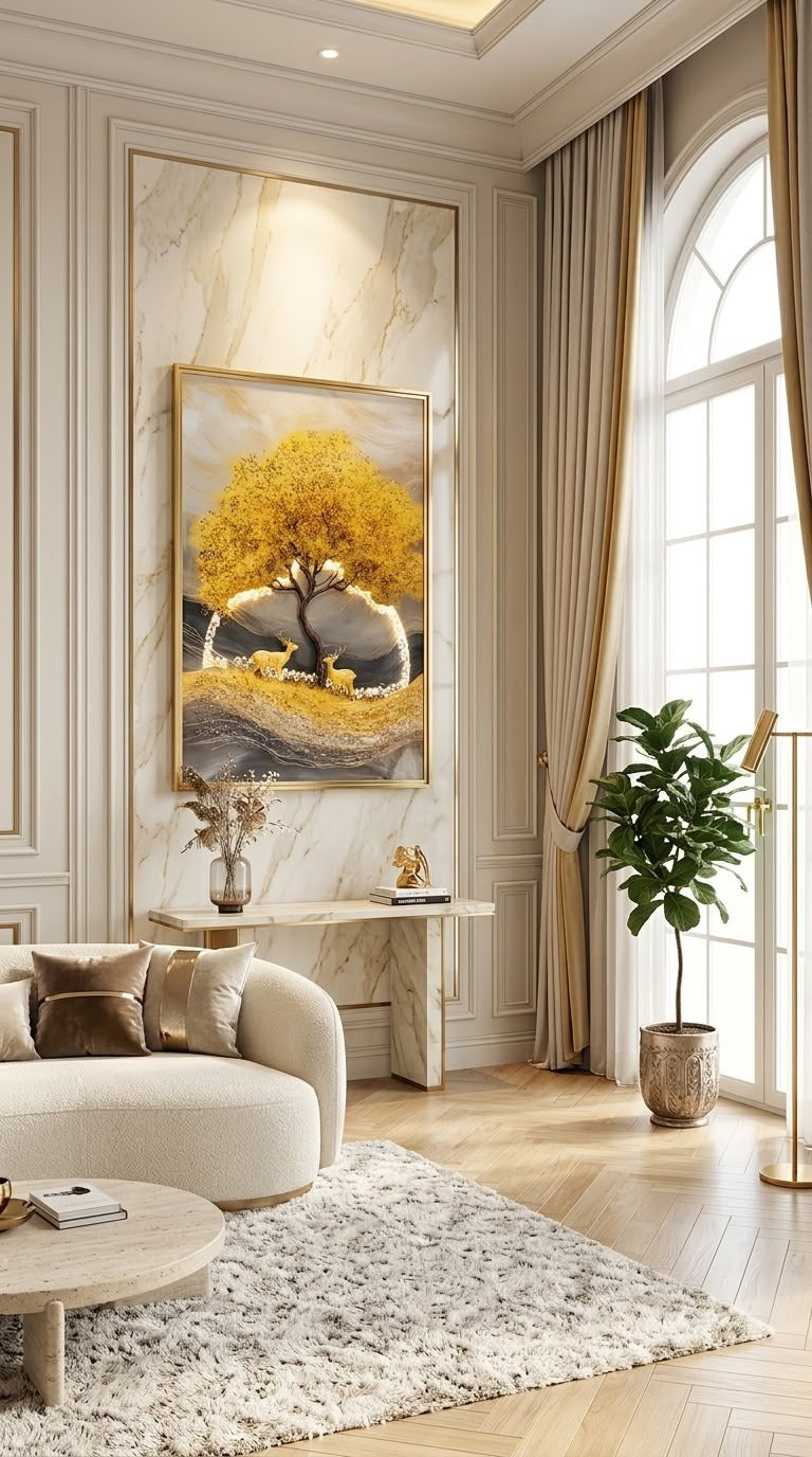 Golden tree LED crystal glass wall art