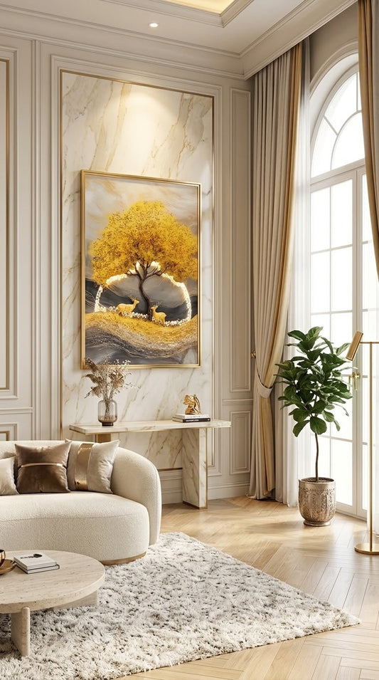 Golden tree LED crystal glass wall art