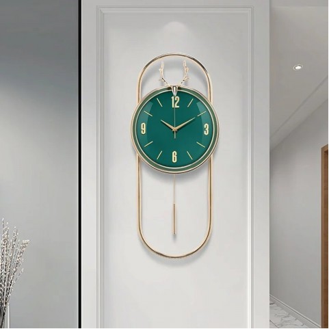 Deer Horn Pendulum Style Wall Clock - Green